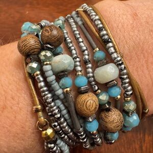 Nakamol beaded wrap bracelet, Gold, wood, & turquoise beads, adjustable closure